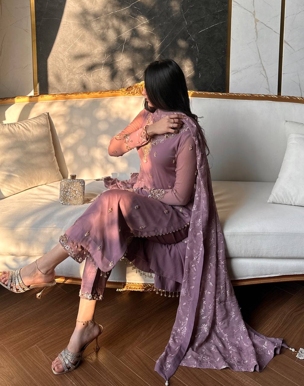 Luxury Faux Georgette Embroidered Suit Set with Lace Border Dupatta