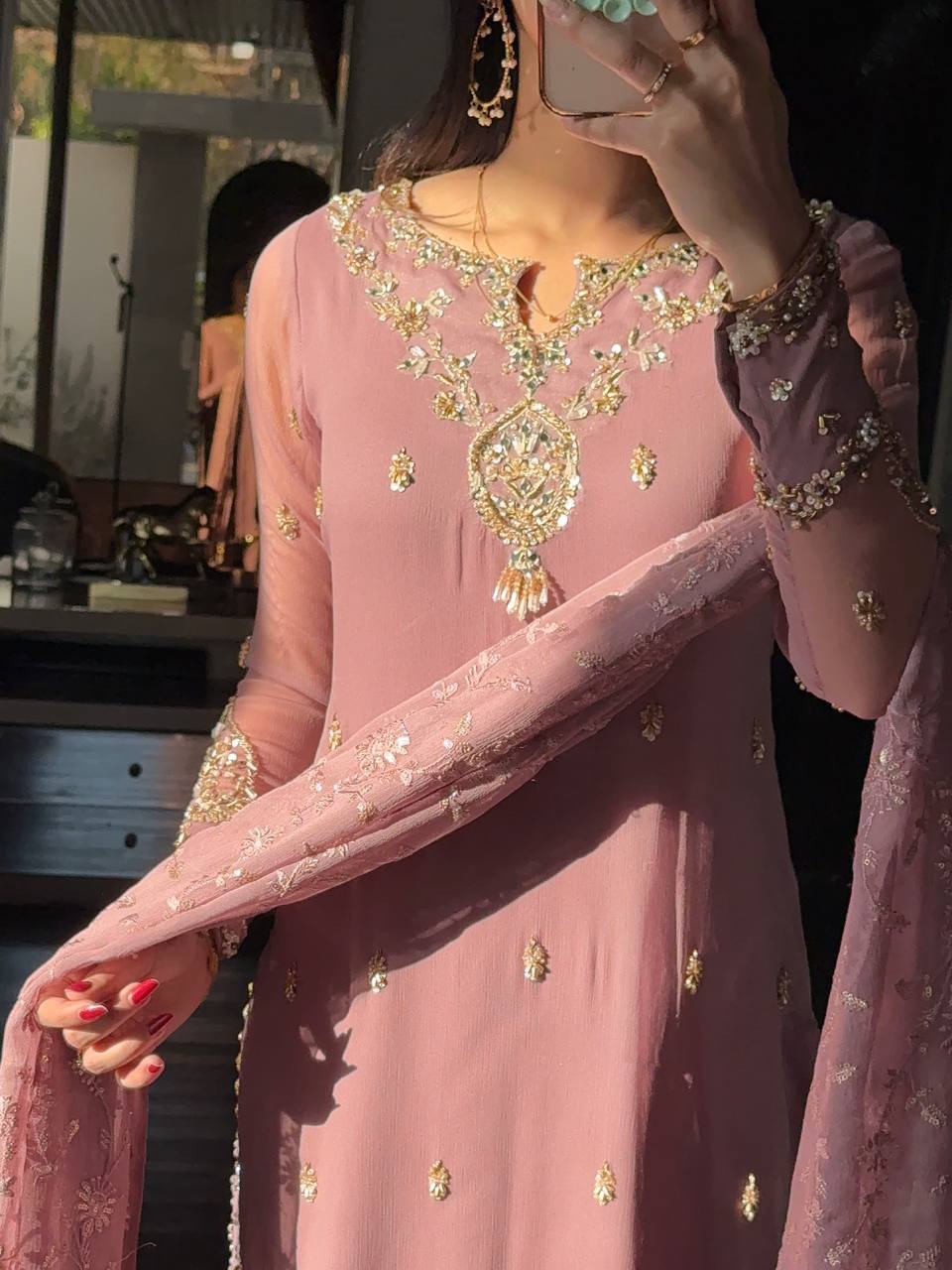 Luxury Faux Georgette Embroidered Suit Set with Lace Border Dupatta