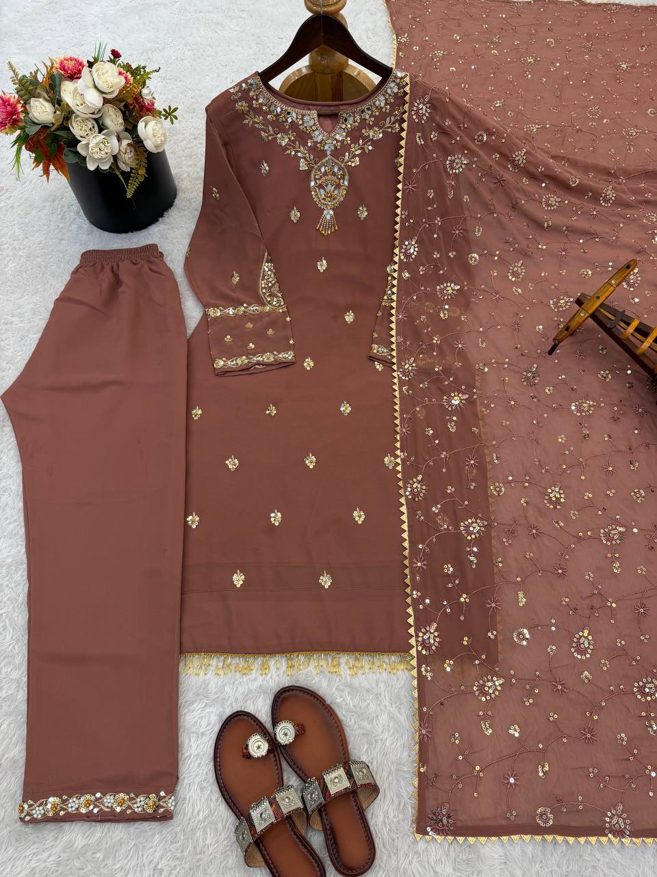 Luxury Faux Georgette Embroidered Suit Set with Lace Border Dupatta