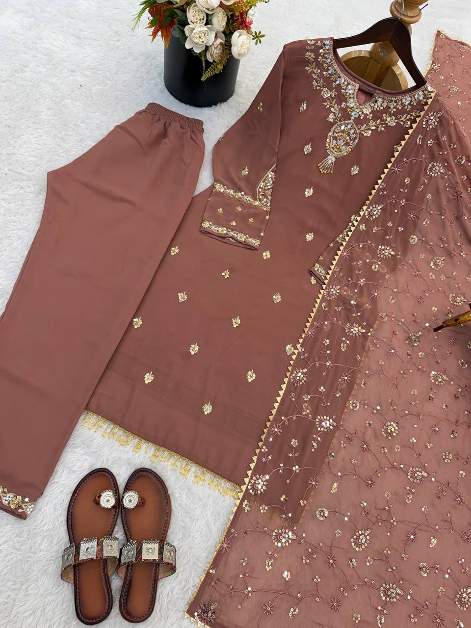 Luxury Faux Georgette Embroidered Suit Set with Lace Border Dupatta