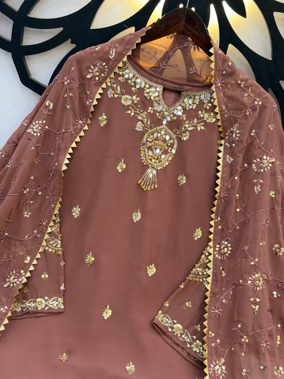 Luxury Faux Georgette Embroidered Suit Set with Lace Border Dupatta