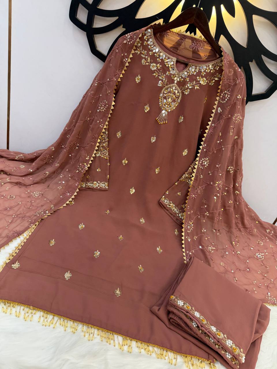 Luxury Faux Georgette Embroidered Suit Set with Lace Border Dupatta