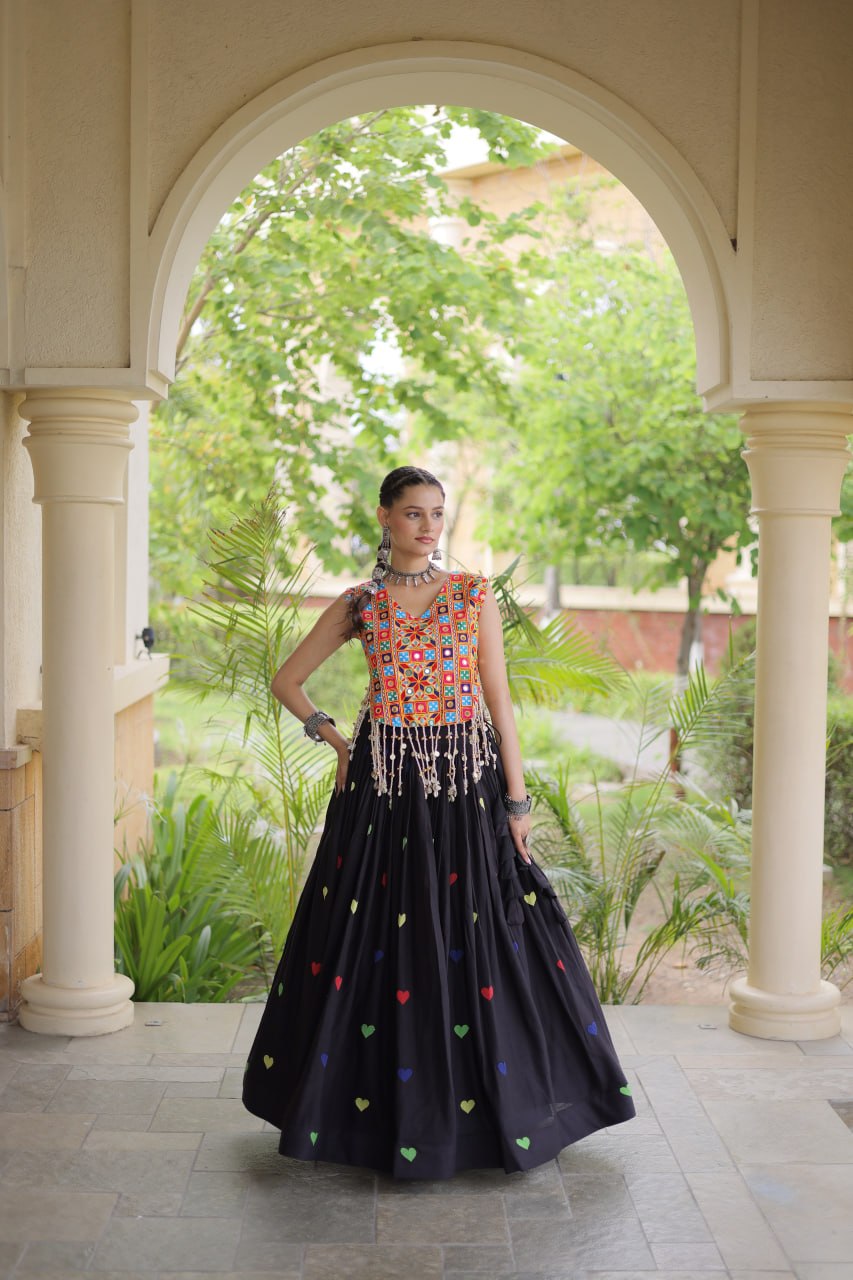 Rangini Navratri Cora Cotton Lehenga Choli with Heart Embroidery, Gamthi Mirror Work & 4.5 Meter Flair
