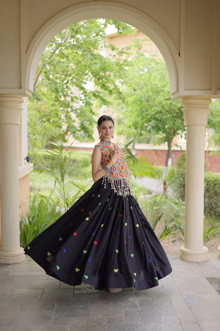 Rangini Navratri Cora Cotton Lehenga Choli with Heart Embroidery, Gamthi Mirror Work & 4.5 Meter Flair