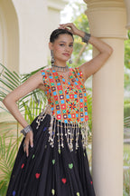 Rangini Navratri Cora Cotton Lehenga Choli with Heart Embroidery, Gamthi Mirror Work & 4.5 Meter Flair