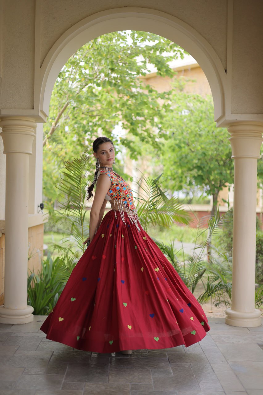 Rangini Navratri Cora Cotton Lehenga Choli with Heart Embroidery, Gamthi Mirror Work & 4.5 Meter Flair