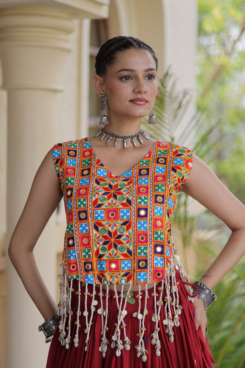 Rangini Navratri Cora Cotton Lehenga Choli with Heart Embroidery, Gamthi Mirror Work & 4.5 Meter Flair