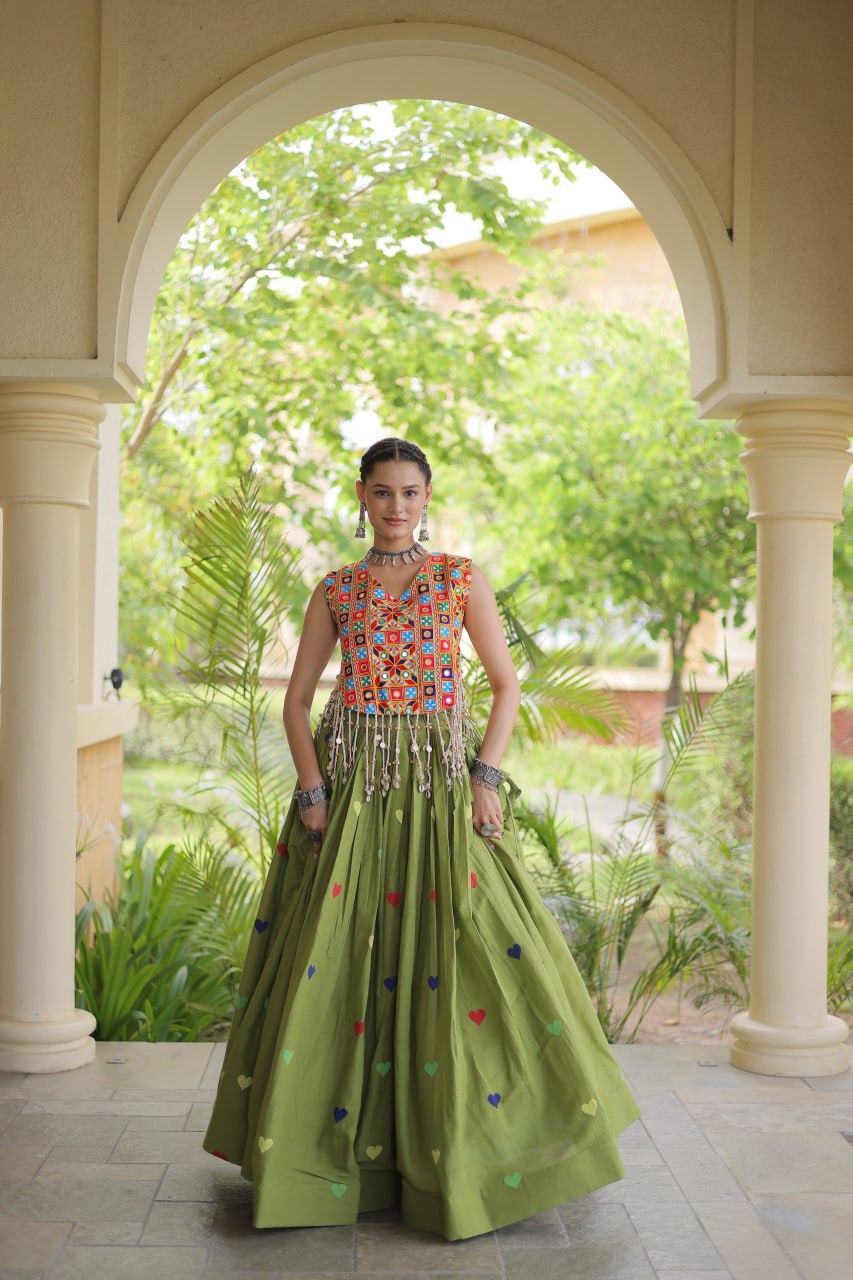 Rangini Navratri Cora Cotton Lehenga Choli with Heart Embroidery, Gamthi Mirror Work & 4.5 Meter Flair