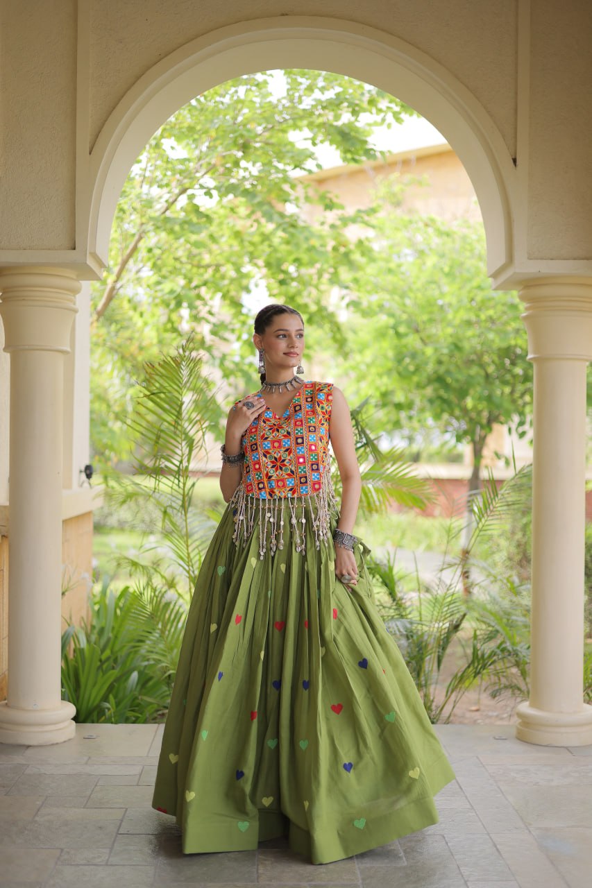 Rangini Navratri Cora Cotton Lehenga Choli with Heart Embroidery, Gamthi Mirror Work & 4.5 Meter Flair