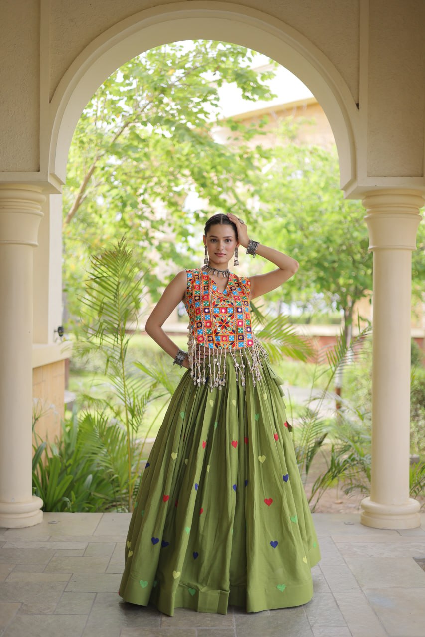 Rangini Navratri Cora Cotton Lehenga Choli with Heart Embroidery, Gamthi Mirror Work & 4.5 Meter Flair