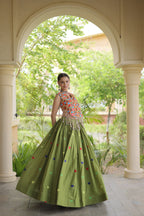 Rangini Navratri Cora Cotton Lehenga Choli with Heart Embroidery, Gamthi Mirror Work & 4.5 Meter Flair