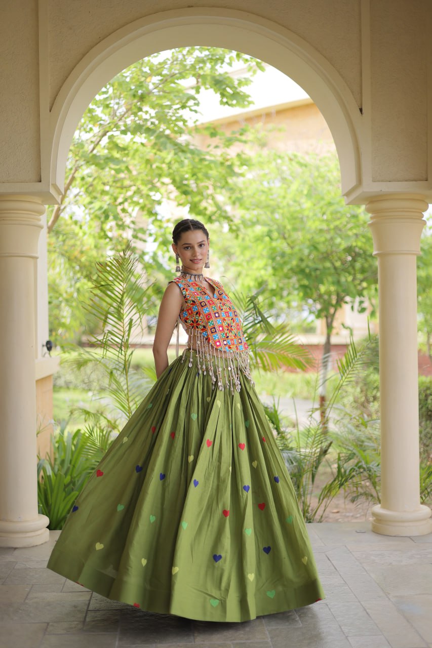 Rangini Navratri Cora Cotton Lehenga Choli with Heart Embroidery, Gamthi Mirror Work & 4.5 Meter Flair