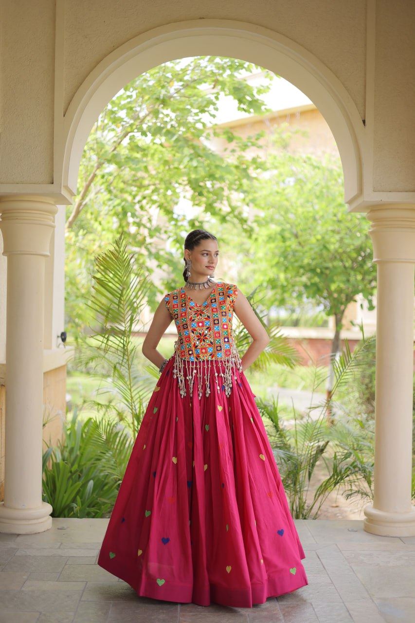 Rangini Navratri Cora Cotton Lehenga Choli with Heart Embroidery, Gamthi Mirror Work & 4.5 Meter Flair