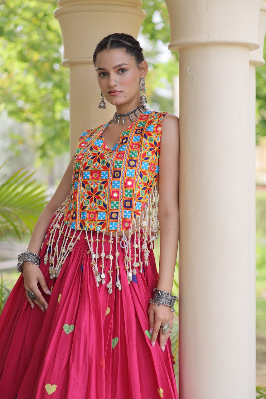 Rangini Navratri Cora Cotton Lehenga Choli with Heart Embroidery, Gamthi Mirror Work & 4.5 Meter Flair