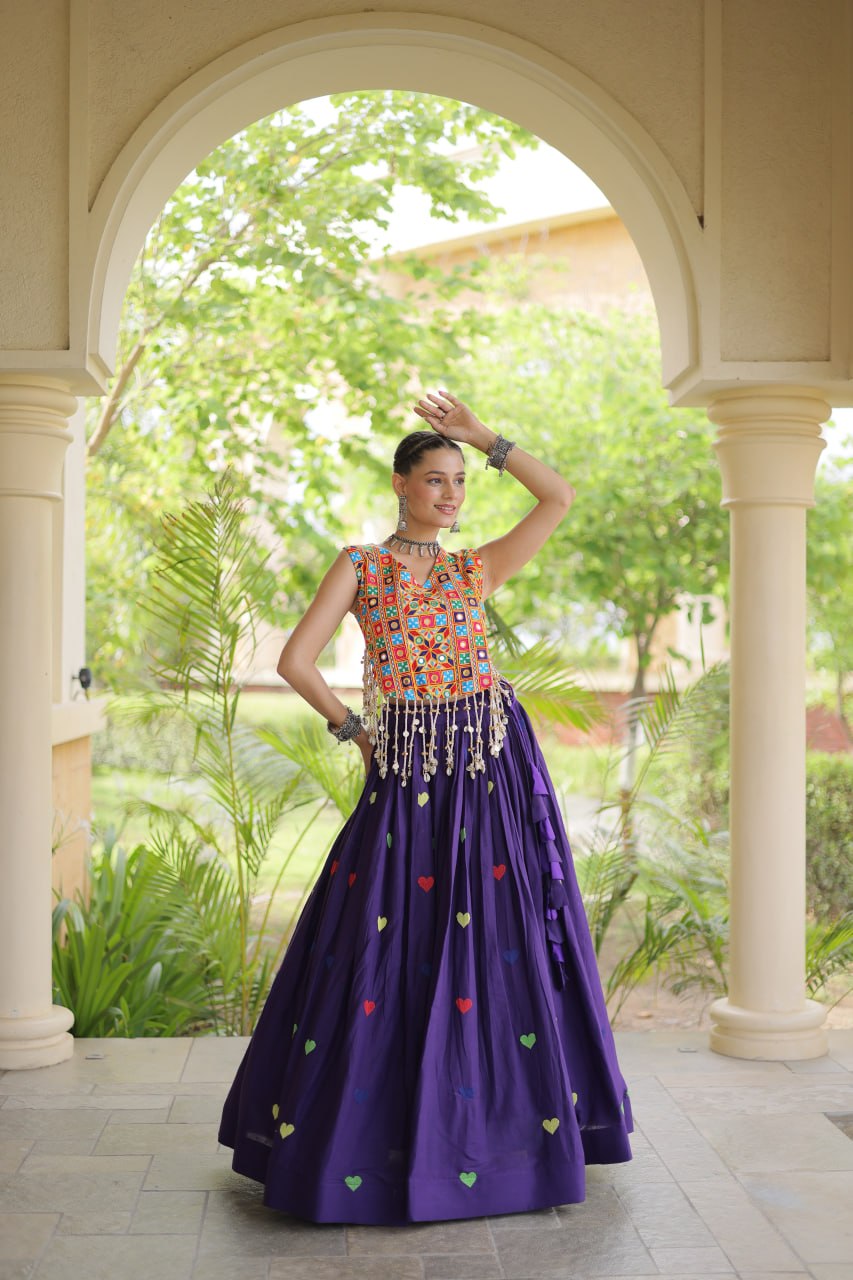 Rangini Navratri Cora Cotton Lehenga Choli with Heart Embroidery, Gamthi Mirror Work & 4.5 Meter Flair