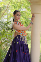 Rangini Navratri Cora Cotton Lehenga Choli with Heart Embroidery, Gamthi Mirror Work & 4.5 Meter Flair