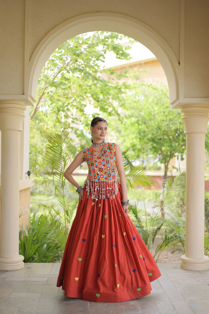 Rangini Navratri Cora Cotton Lehenga Choli with Heart Embroidery, Gamthi Mirror Work & 4.5 Meter Flair