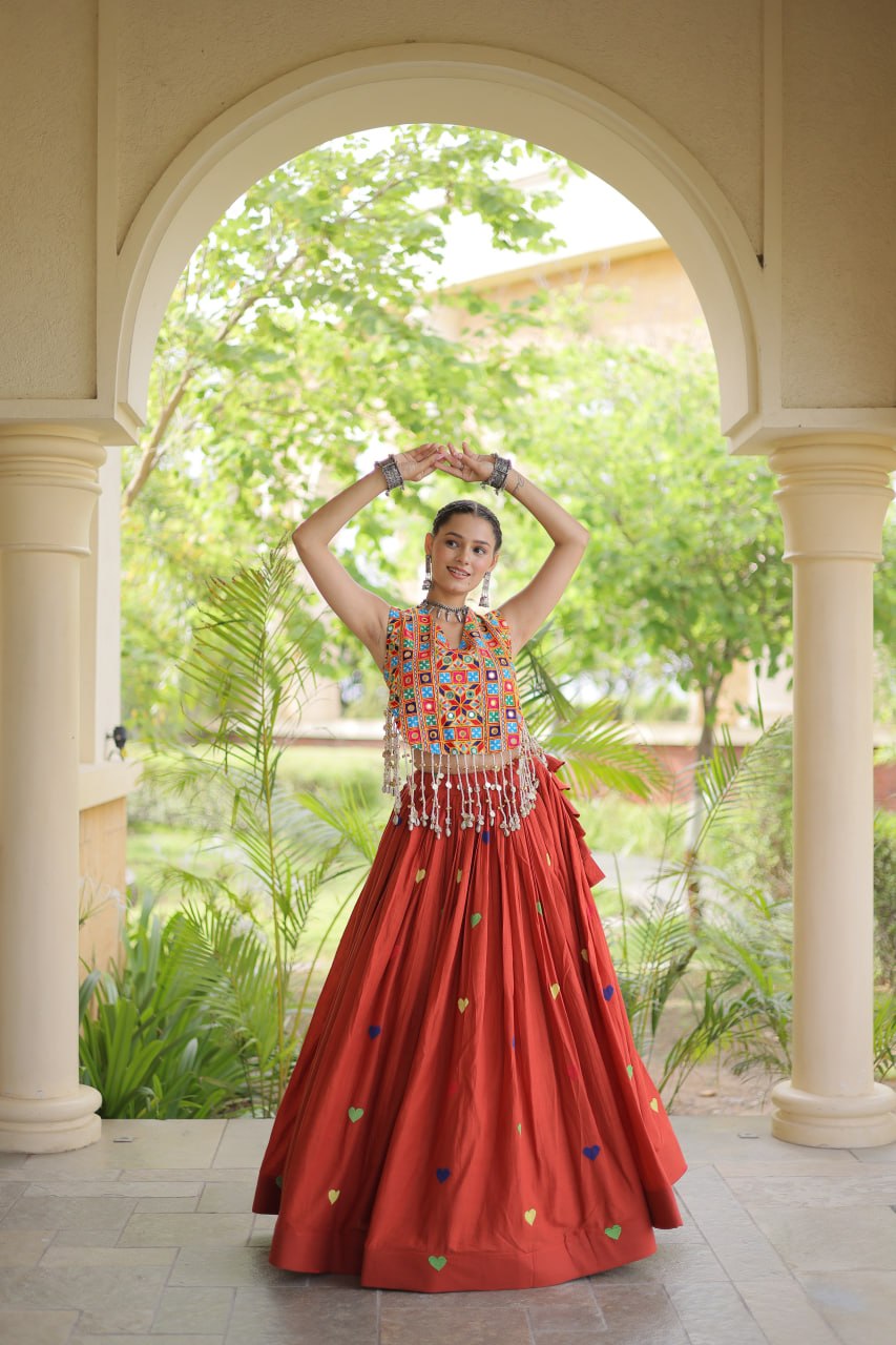 Rangini Navratri Cora Cotton Lehenga Choli with Heart Embroidery, Gamthi Mirror Work & 4.5 Meter Flair