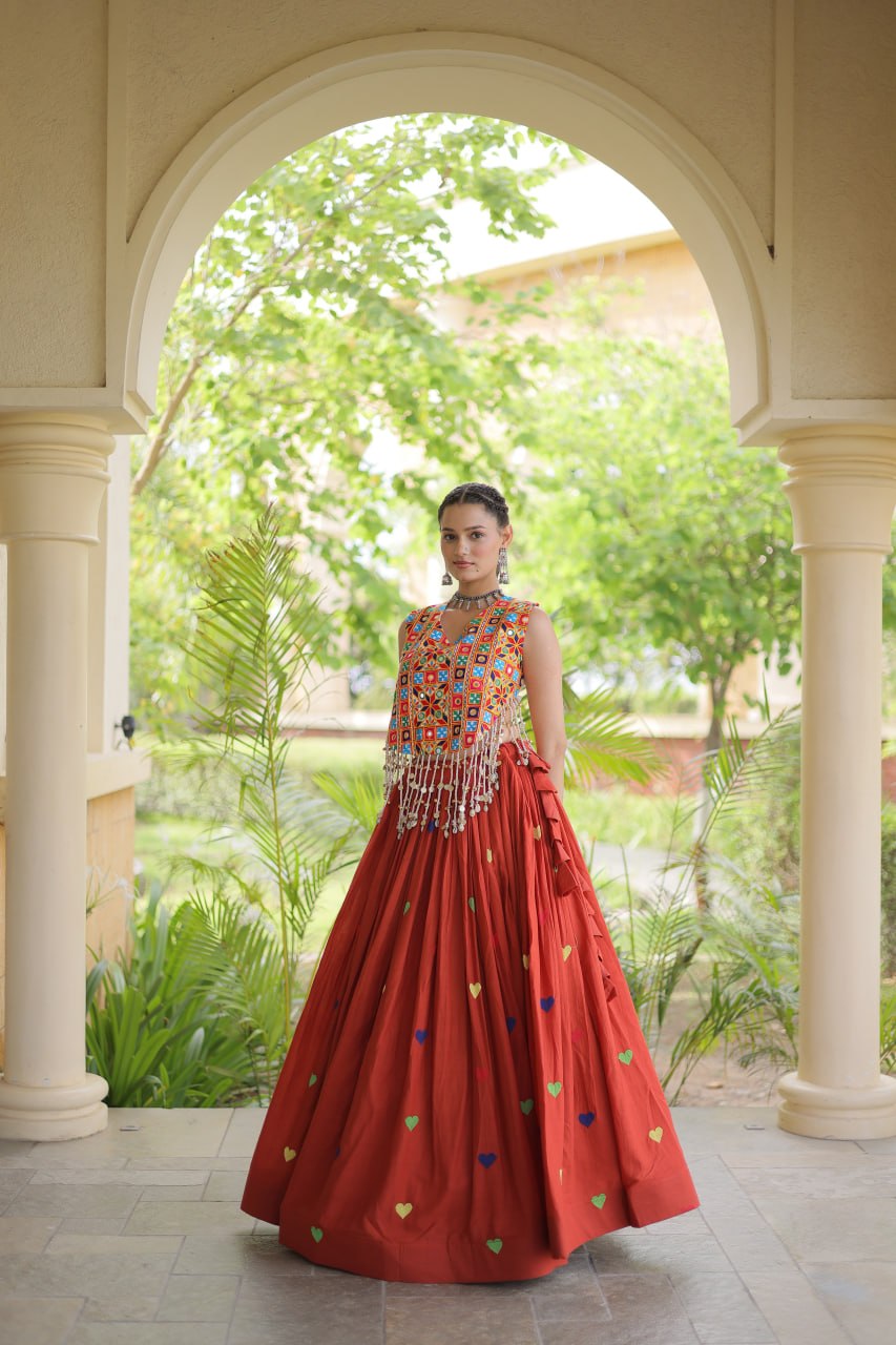 Rangini Navratri Cora Cotton Lehenga Choli with Heart Embroidery, Gamthi Mirror Work & 4.5 Meter Flair
