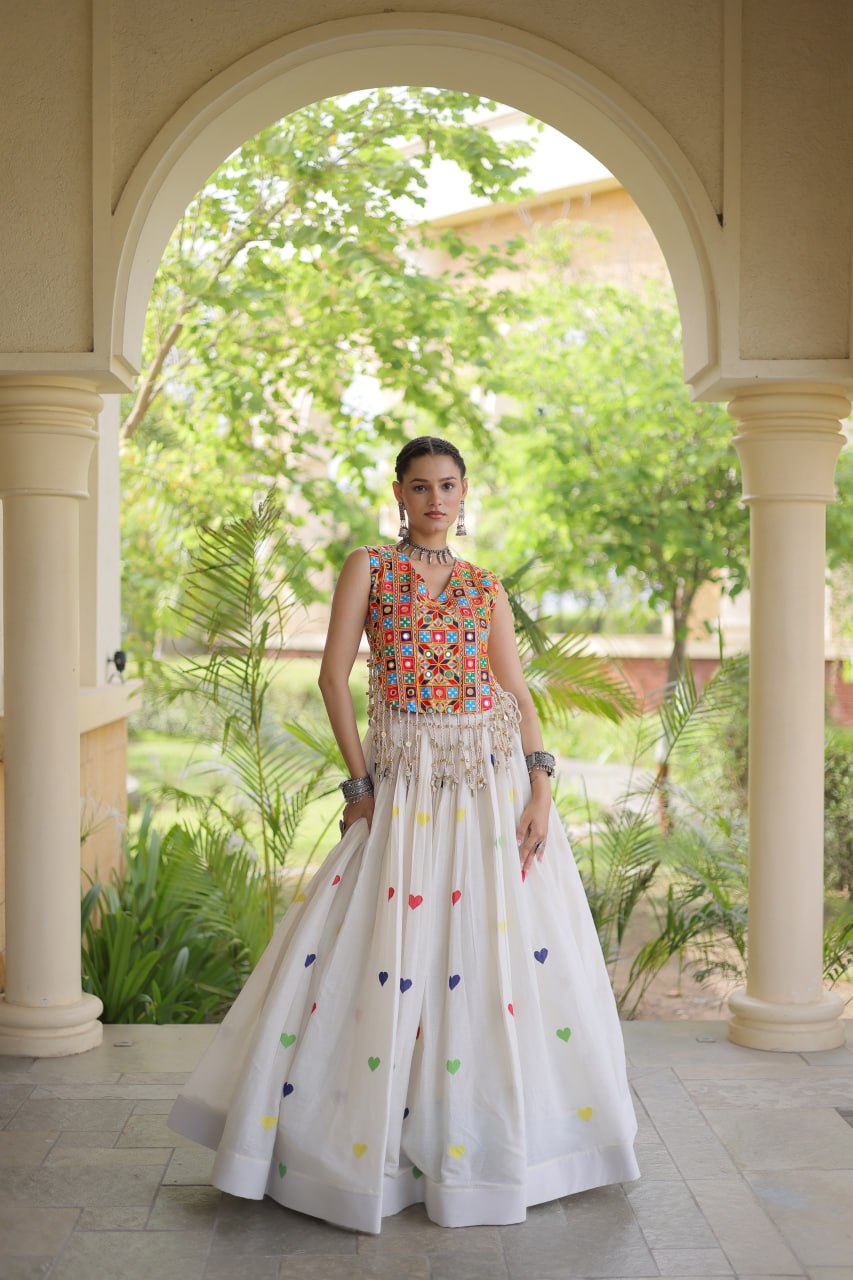 Rangini Navratri Cora Cotton Lehenga Choli with Heart Embroidery, Gamthi Mirror Work & 4.5 Meter Flair