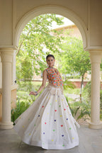 Rangini Navratri Cora Cotton Lehenga Choli with Heart Embroidery, Gamthi Mirror Work & 4.5 Meter Flair
