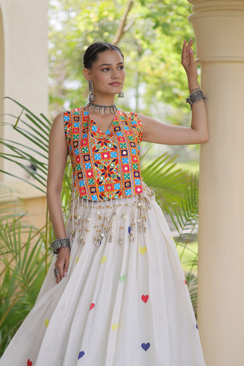 Rangini Navratri Cora Cotton Lehenga Choli with Heart Embroidery, Gamthi Mirror Work & 4.5 Meter Flair