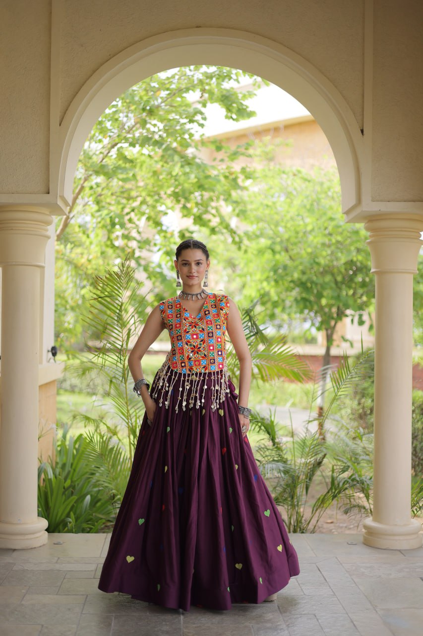 Rangini Navratri Cora Cotton Lehenga Choli with Heart Embroidery, Gamthi Mirror Work & 4.5 Meter Flair