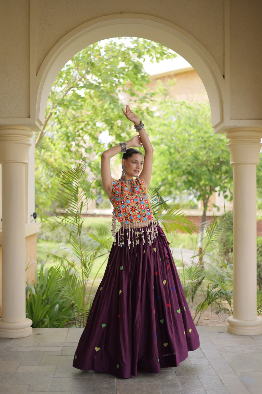 Rangini Navratri Cora Cotton Lehenga Choli with Heart Embroidery, Gamthi Mirror Work & 4.5 Meter Flair