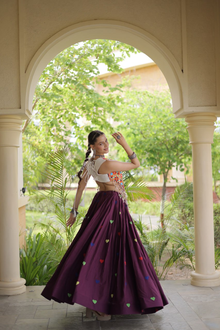Rangini Navratri Cora Cotton Lehenga Choli with Heart Embroidery, Gamthi Mirror Work & 4.5 Meter Flair