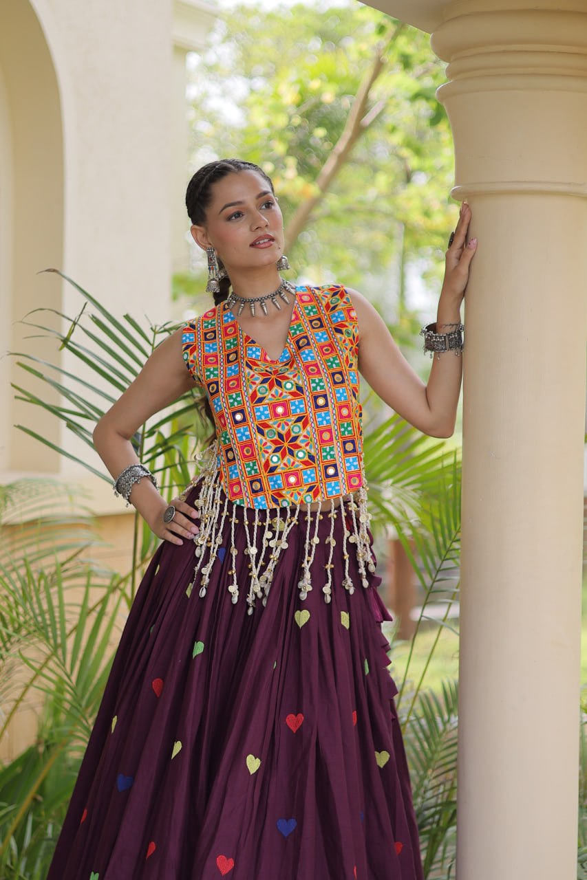 Rangini Navratri Cora Cotton Lehenga Choli with Heart Embroidery, Gamthi Mirror Work & 4.5 Meter Flair