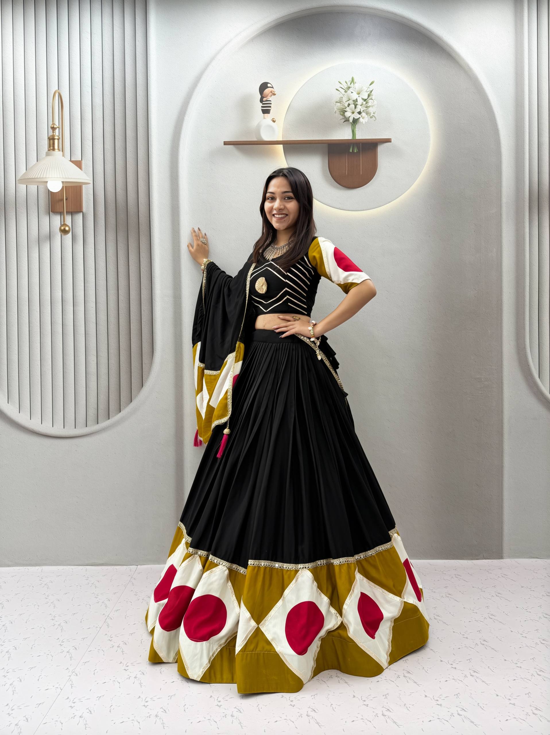 Rangdhara Pure Cotton Navratri Lehenga Choli with Gota Patti Work, 6 Meter Flair & Latkan Dupatta