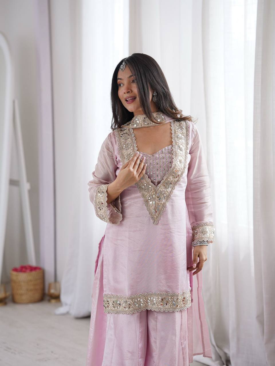 Designer Star Georgette Kurti Palazzo Set with Mirror Work Tube Blouse