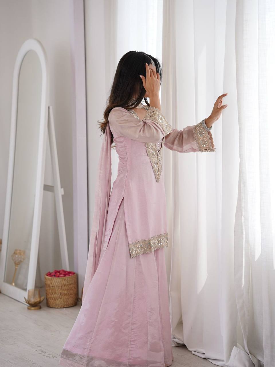Designer Star Georgette Kurti Palazzo Set with Mirror Work Tube Blouse
