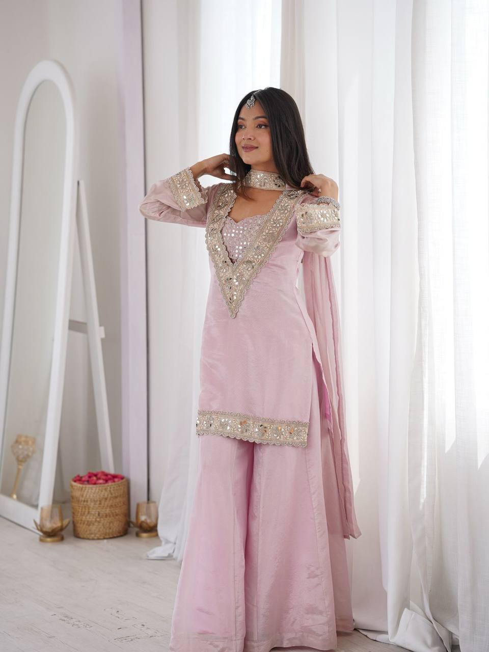 Designer Star Georgette Kurti Palazzo Set with Mirror Work Tube Blouse