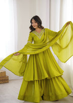 Mahveen Heavy Chinon Silk Embroidered Palazzo Suit with Sequin Work and Fancy Lace Dupatta