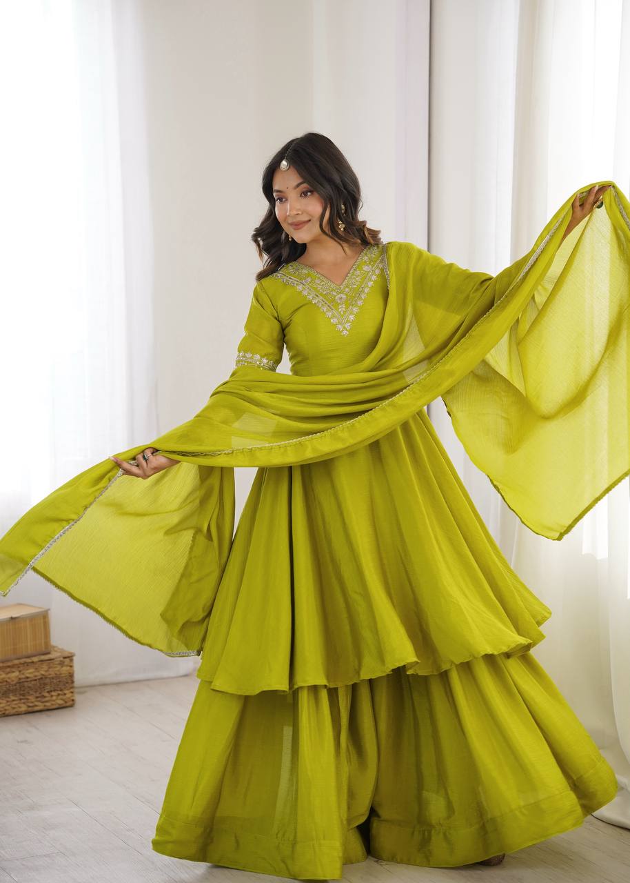Mahveen Heavy Chinon Silk Embroidered Palazzo Suit with Sequin Work and Fancy Lace Dupatta