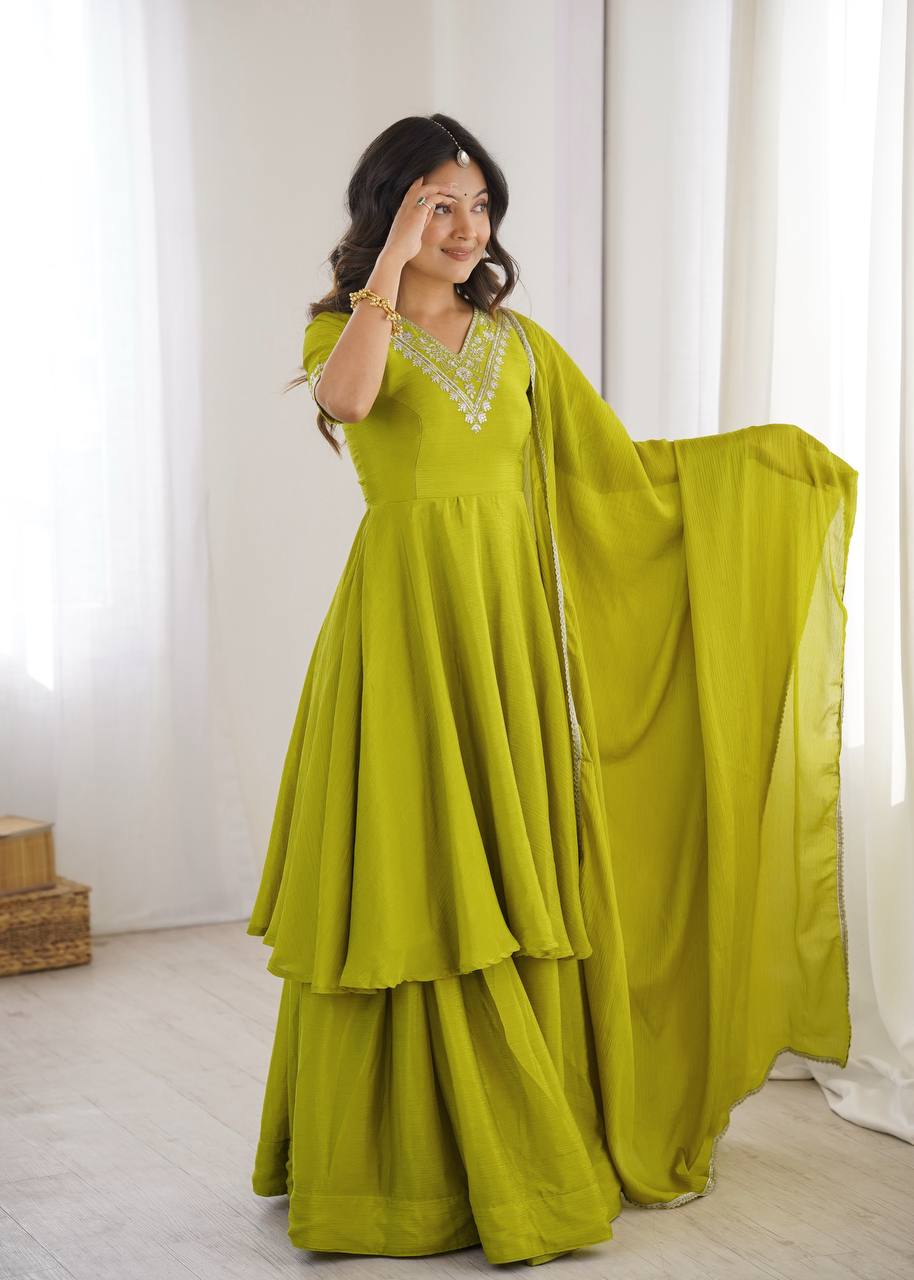 Mahveen Heavy Chinon Silk Embroidered Palazzo Suit with Sequin Work and Fancy Lace Dupatta