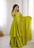 Mahveen Heavy Chinon Silk Embroidered Palazzo Suit with Sequin Work and Fancy Lace Dupatta