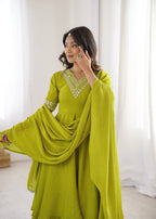 Mahveen Heavy Chinon Silk Embroidered Palazzo Suit with Sequin Work and Fancy Lace Dupatta