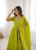Mahveen Heavy Chinon Silk Embroidered Palazzo Suit with Sequin Work and Fancy Lace Dupatta