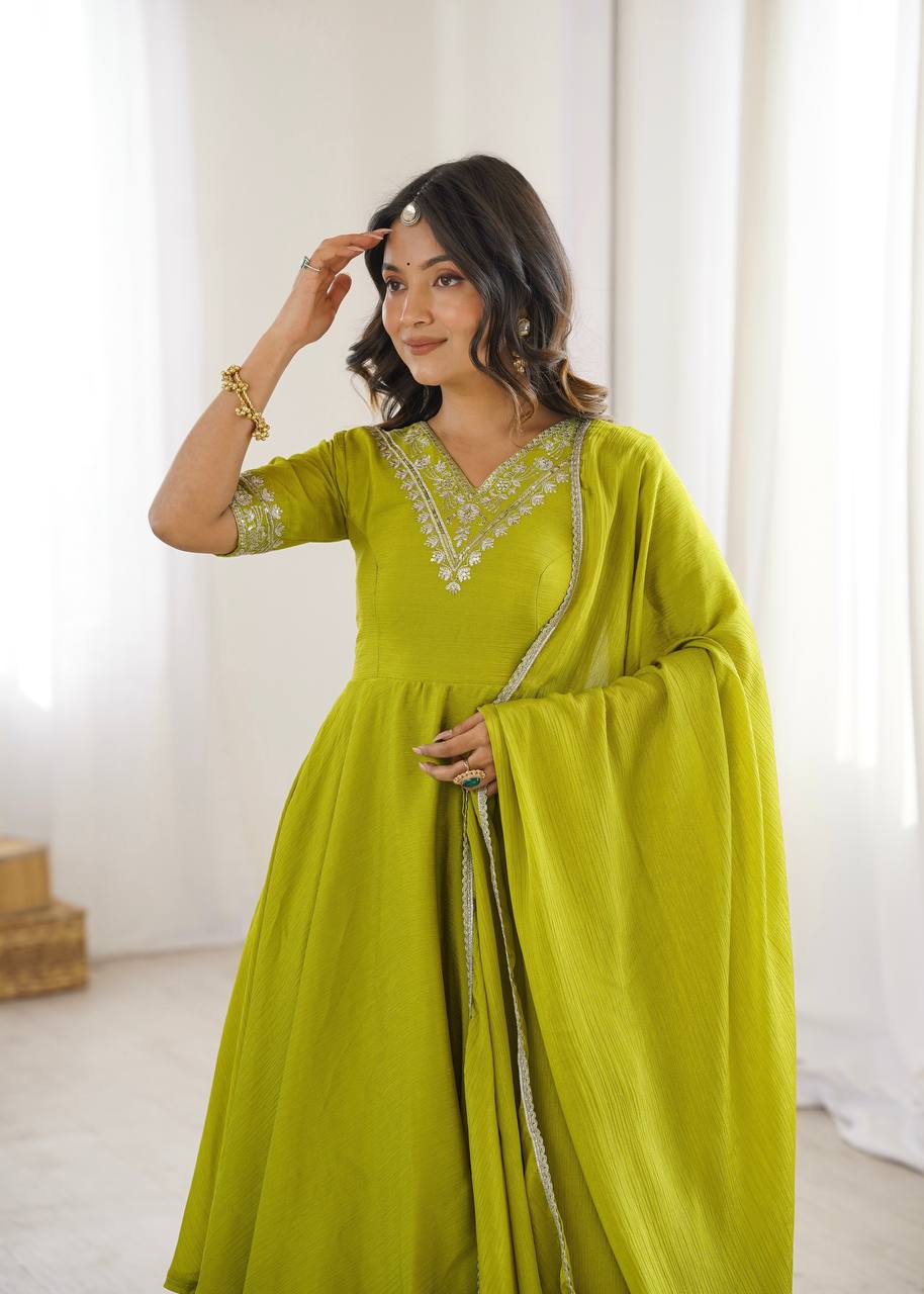Mahveen Heavy Chinon Silk Embroidered Palazzo Suit with Sequin Work and Fancy Lace Dupatta
