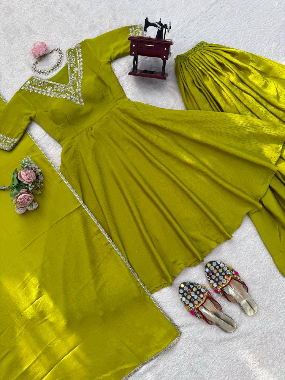 Mahveen Heavy Chinon Silk Embroidered Palazzo Suit with Sequin Work and Fancy Lace Dupatta