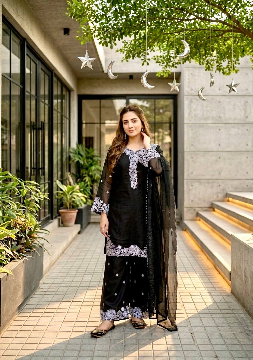 Kashvini Heavy Mal Chanderi Embroidered Sequins Kurti Palazzo with Cutwork Dupatta Set