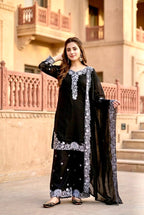 Kashvini Heavy Mal Chanderi Embroidered Sequins Kurti Palazzo with Cutwork Dupatta Set