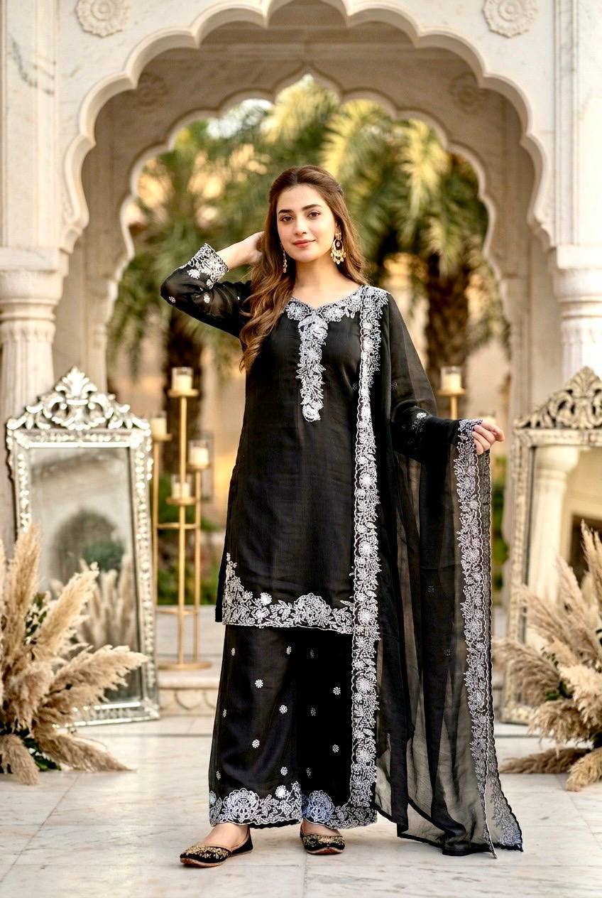 Kashvini Heavy Mal Chanderi Embroidered Sequins Kurti Palazzo with Cutwork Dupatta Set