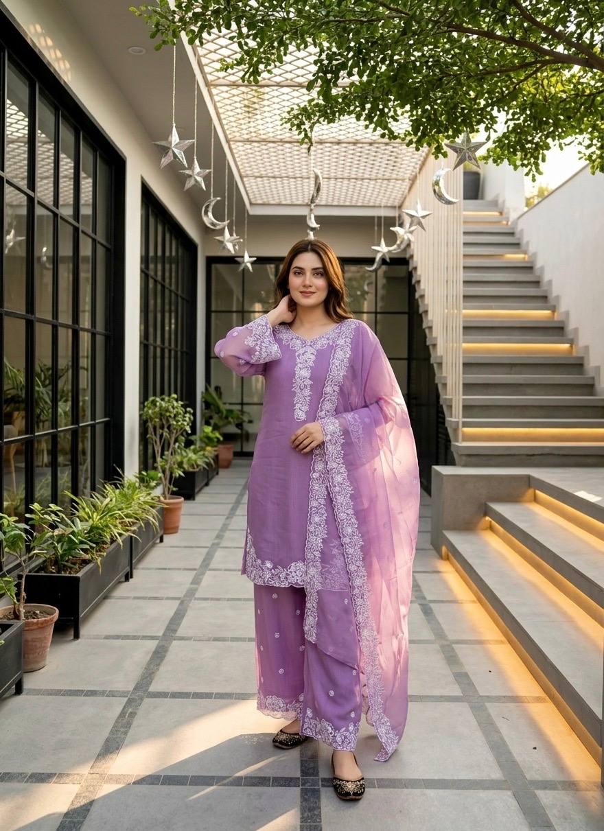 Kashvini Heavy Mal Chanderi Embroidered Sequins Kurti Palazzo with Cutwork Dupatta Set