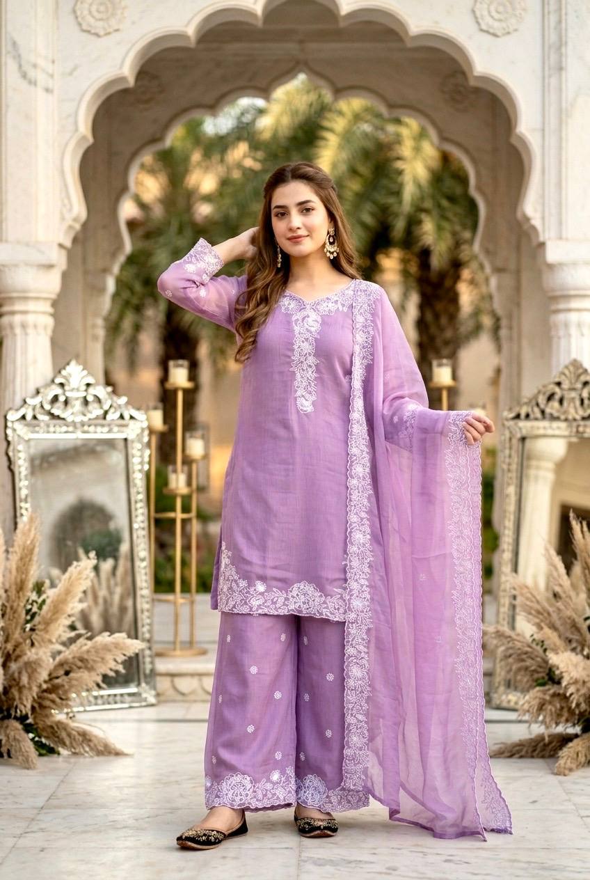 Kashvini Heavy Mal Chanderi Embroidered Sequins Kurti Palazzo with Cutwork Dupatta Set