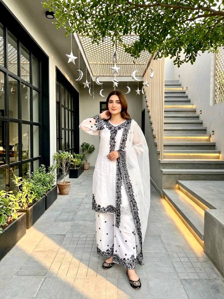 Kashvini Heavy Mal Chanderi Embroidered Sequins Kurti Palazzo with Cutwork Dupatta Set