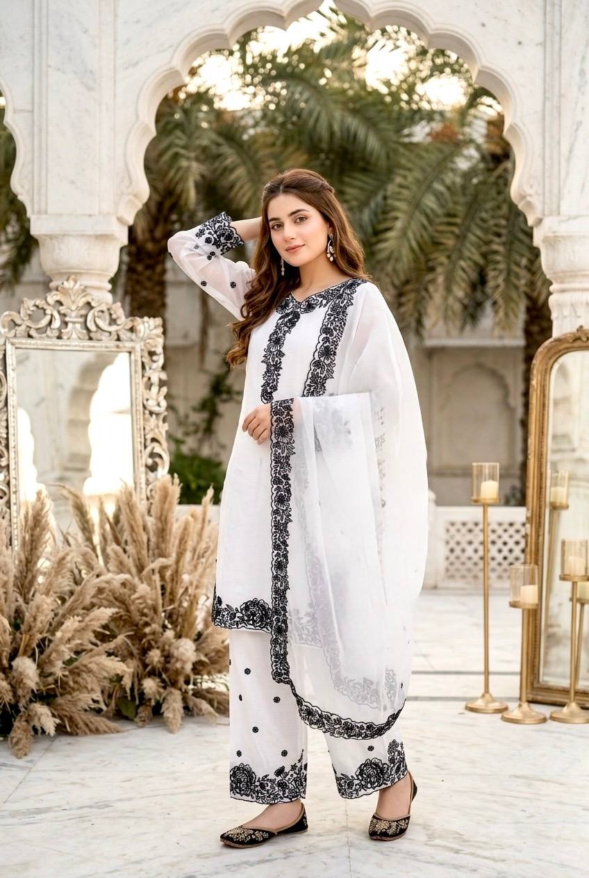 Kashvini Heavy Mal Chanderi Embroidered Sequins Kurti Palazzo with Cutwork Dupatta Set