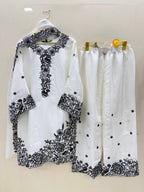 Kashvini Heavy Mal Chanderi Embroidered Sequins Kurti Palazzo with Cutwork Dupatta Set